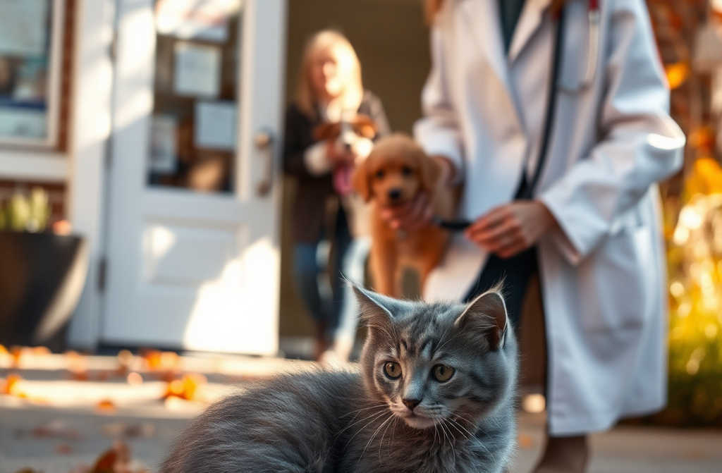 Malá sivá mačka sedela pred dverami veterinárnej kliniky. Plakala a pri ...